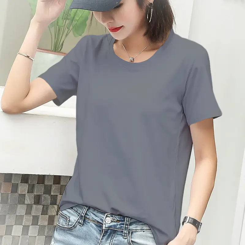 Women Short Sleeve T-Shirt Grey Pure Cotton Loose Fit