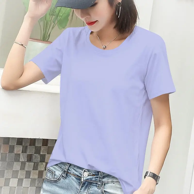 Women Short Sleeve T-Shirt Grey Pure Cotton Loose Fit