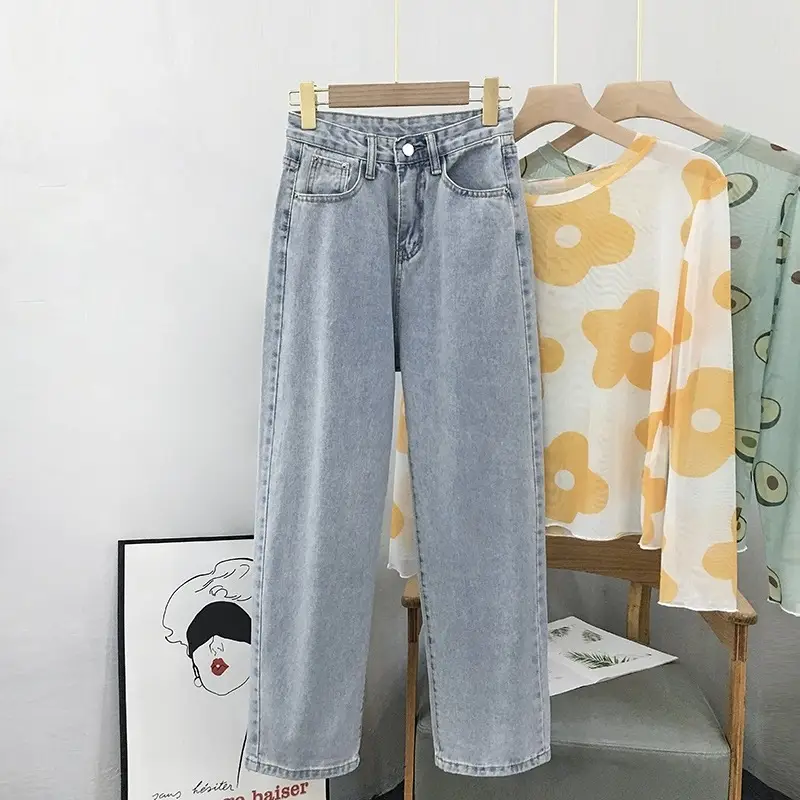 Women Wide Leg Jeans Light Blue Denim Autumn 2020 - Image 5