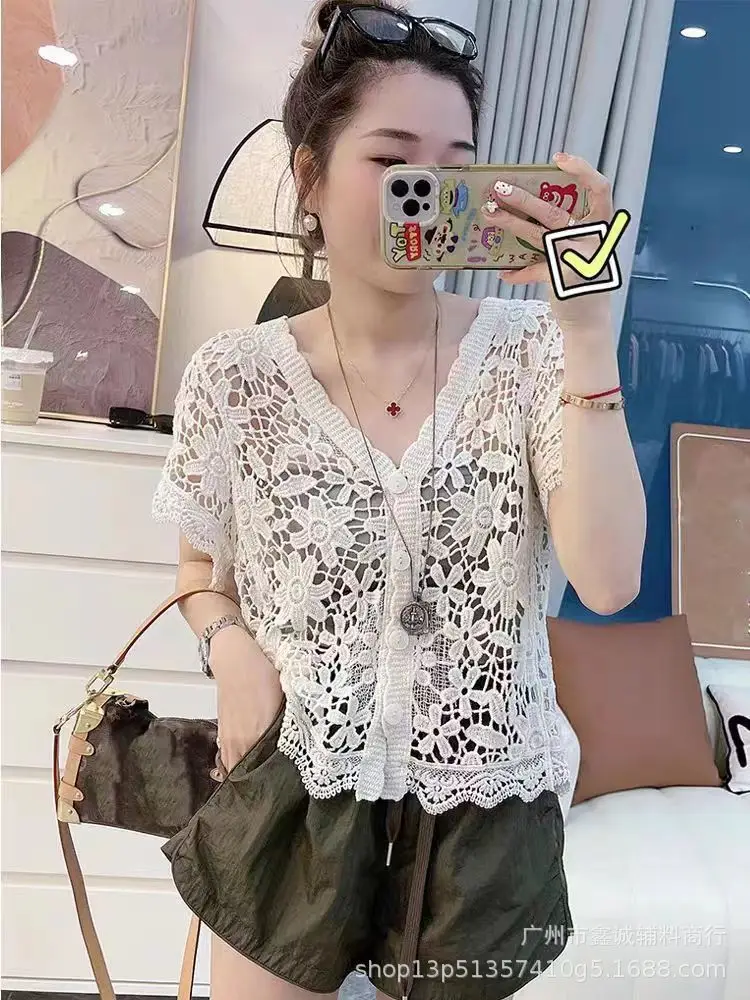Korean Style White Lace Cropped Sweater Top - Image 14