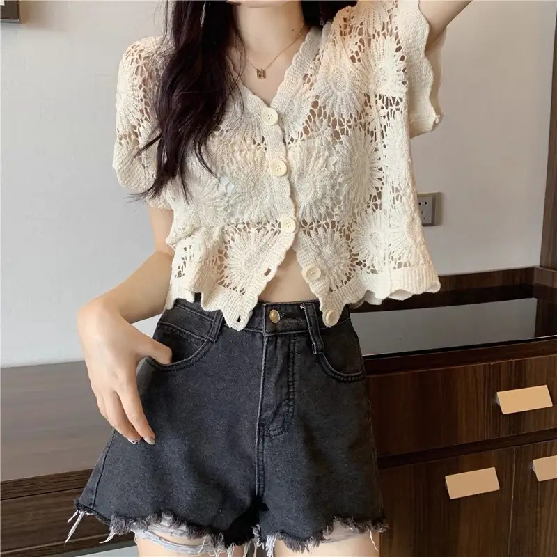 Korean Style White Lace Cropped Sweater Top - Image 3