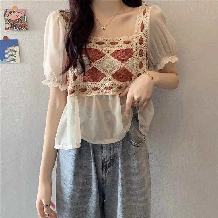 Korean Style White Lace Cropped Sweater Top - Image 4
