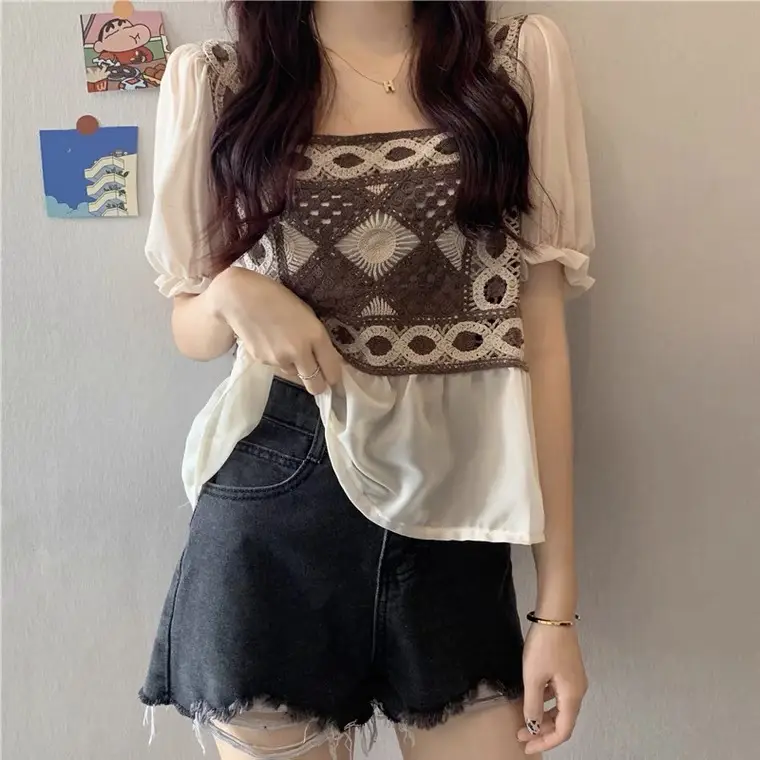Korean Style White Lace Cropped Sweater Top - Image 5