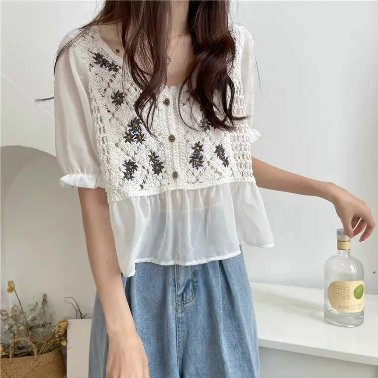 Korean Style White Lace Cropped Sweater Top - Image 6