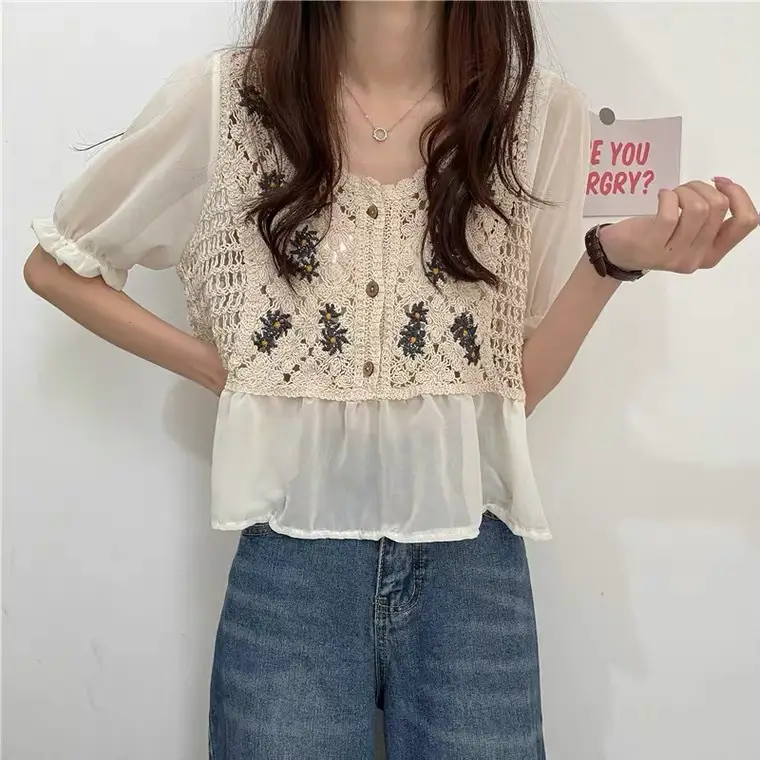 Korean Style White Lace Cropped Sweater Top - Image 7