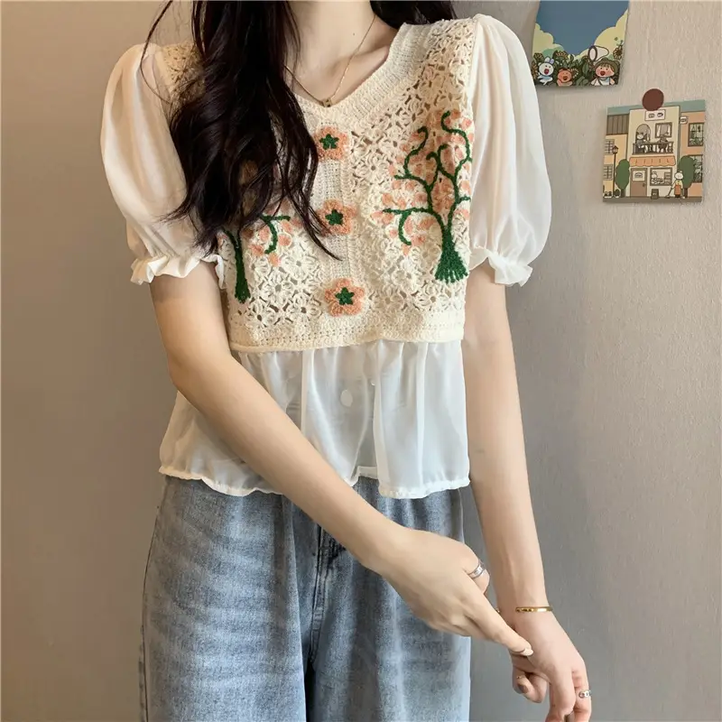 Korean Style White Lace Cropped Sweater Top - Image 8