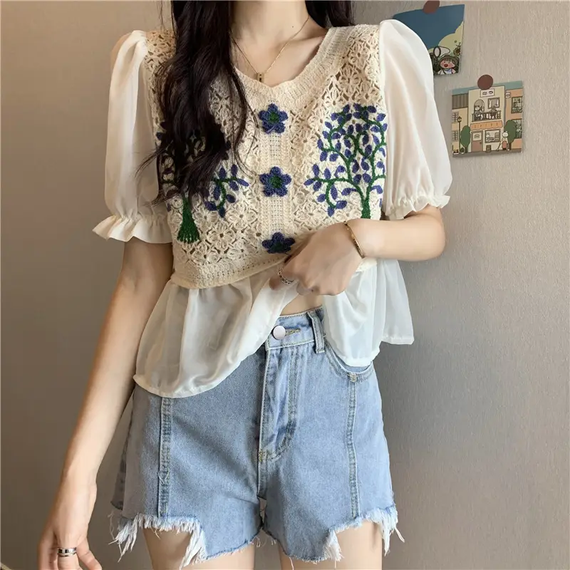 Korean Style White Lace Cropped Sweater Top - Image 9