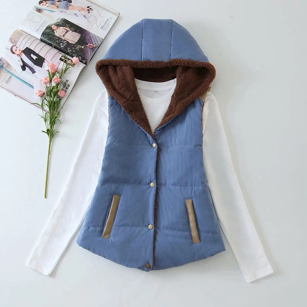 2023 Women's Hooded Lambskin Vest Candy Color Large