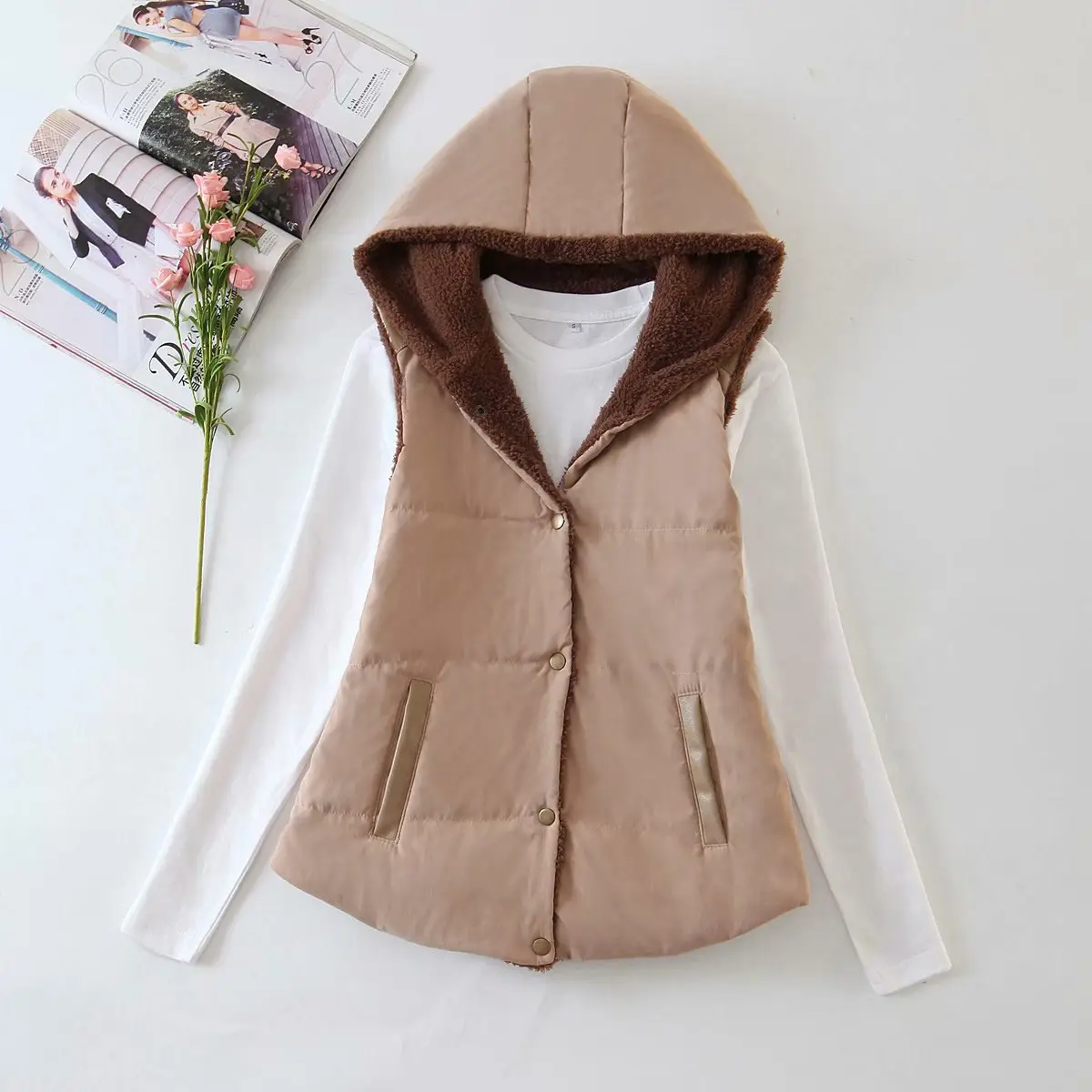 2023 Women's Hooded Lambskin Vest Candy Color Large