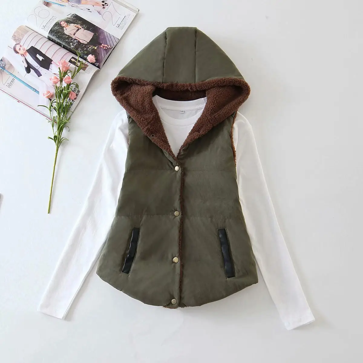 2023 Women's Hooded Lambskin Vest Candy Color Large