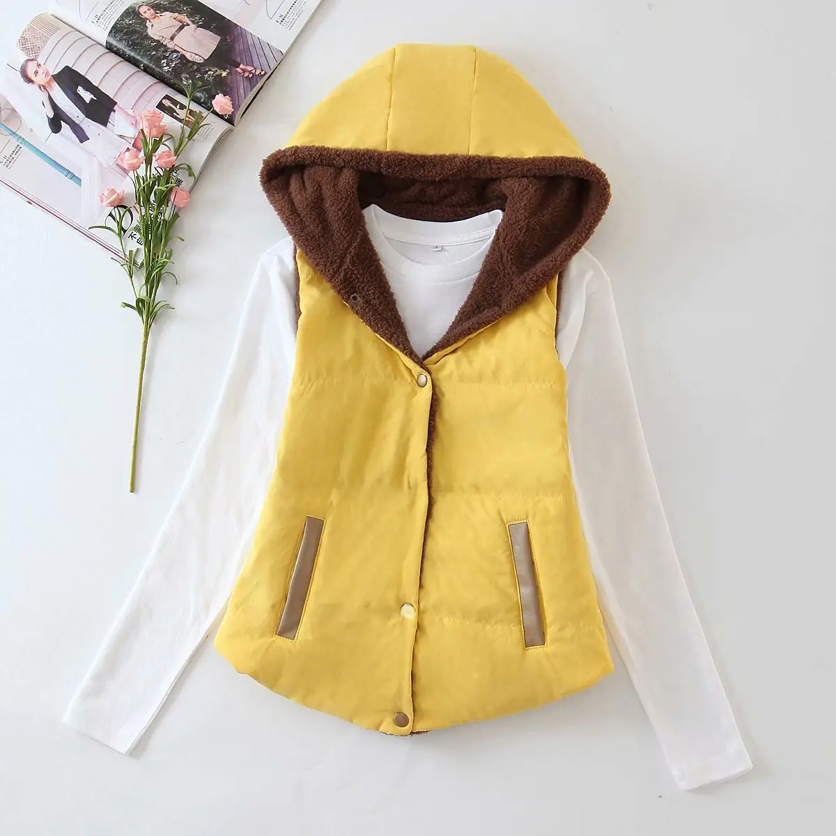 2023 Women's Hooded Lambskin Vest Candy Color Large