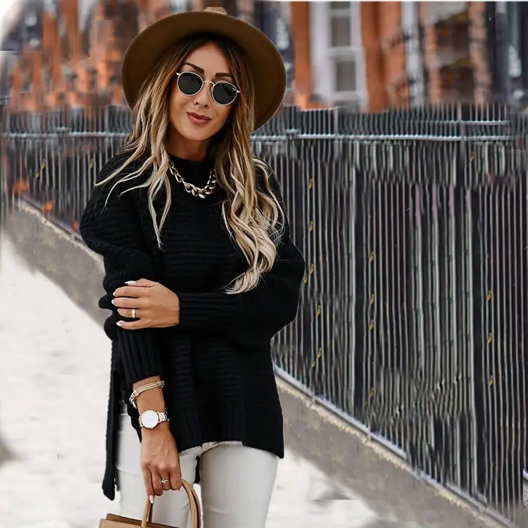 Women's Loose Beige Round Neck Pullover Sweater - Image 8
