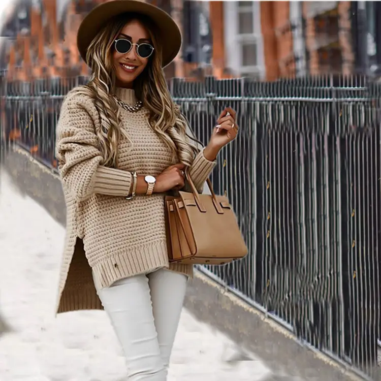 Women's Loose Beige Round Neck Pullover Sweater - Image 9