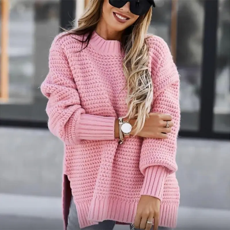 Women's Loose Beige Round Neck Pullover Sweater - Image 2