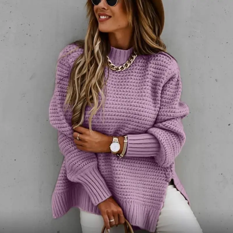 Women's Loose Beige Round Neck Pullover Sweater - Image 4