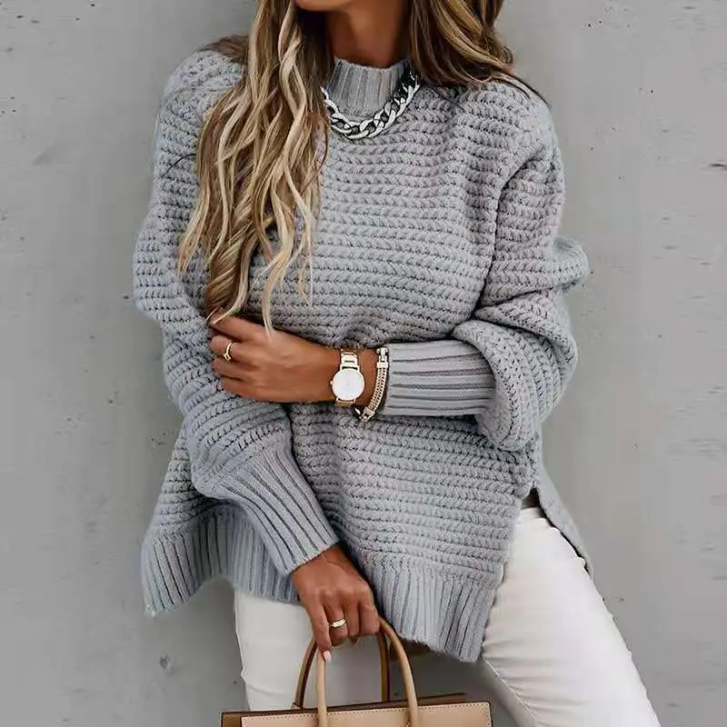 Women's Loose Beige Round Neck Pullover Sweater - Image 5
