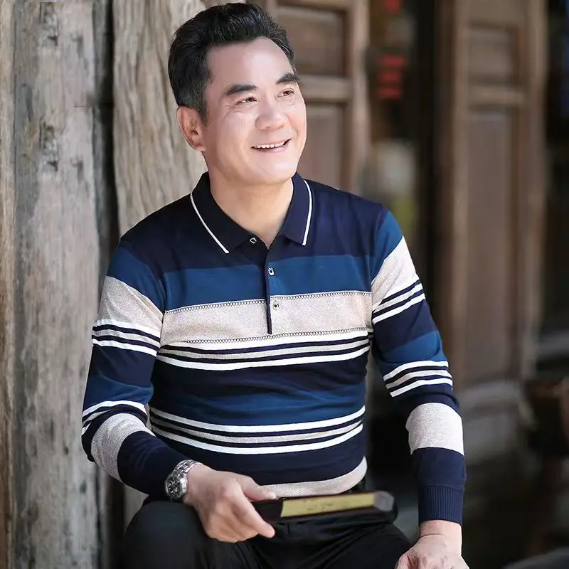 Men's Long Sleeve Lapel T-Shirt Maroon Blue Spring Autumn - Image 17