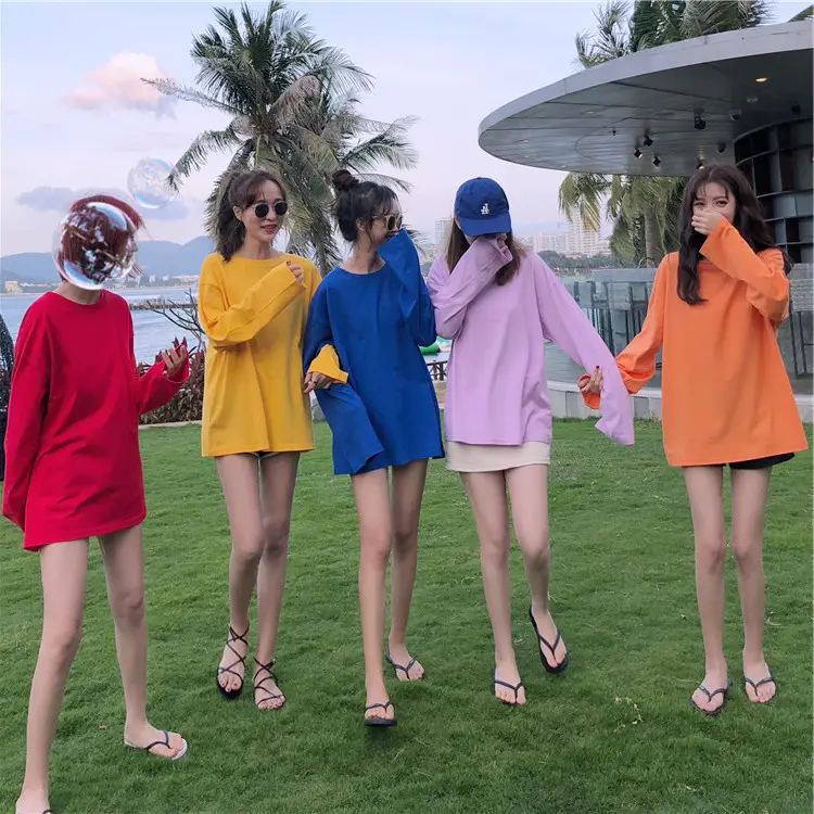 Women Loose Korean T-Shirt Long Sleeve Solid Color - Image 12