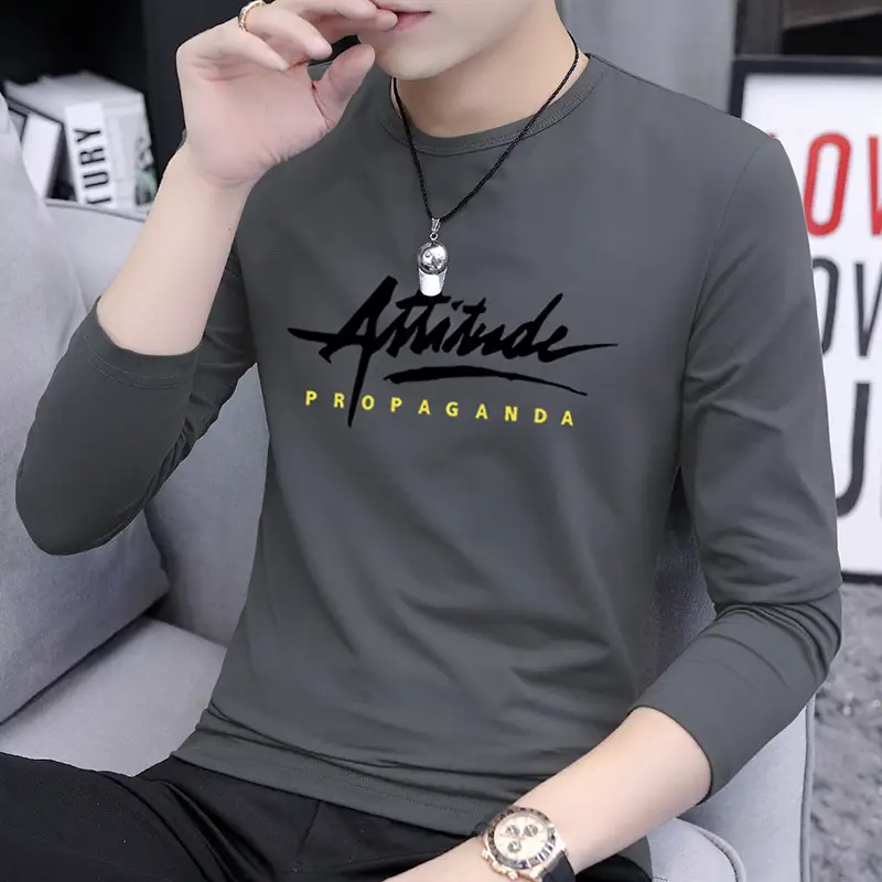 Men's Long Sleeve Korean Printed T-Shirt Grey - Image 4