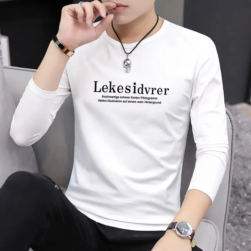 Men's Long Sleeve Korean Printed T-Shirt Grey - Image 7
