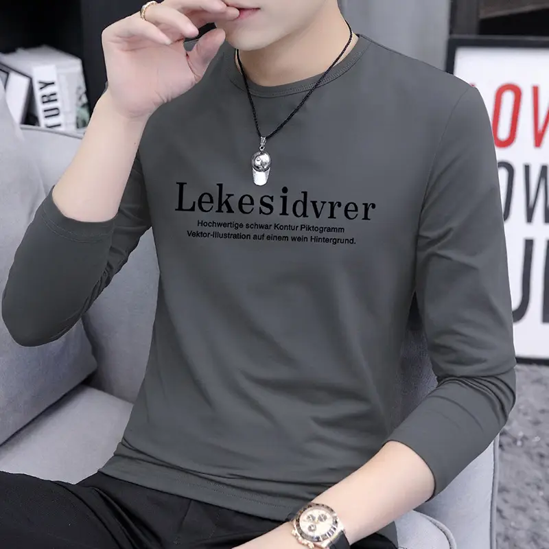 Men's Long Sleeve Korean Printed T-Shirt Grey - Image 8