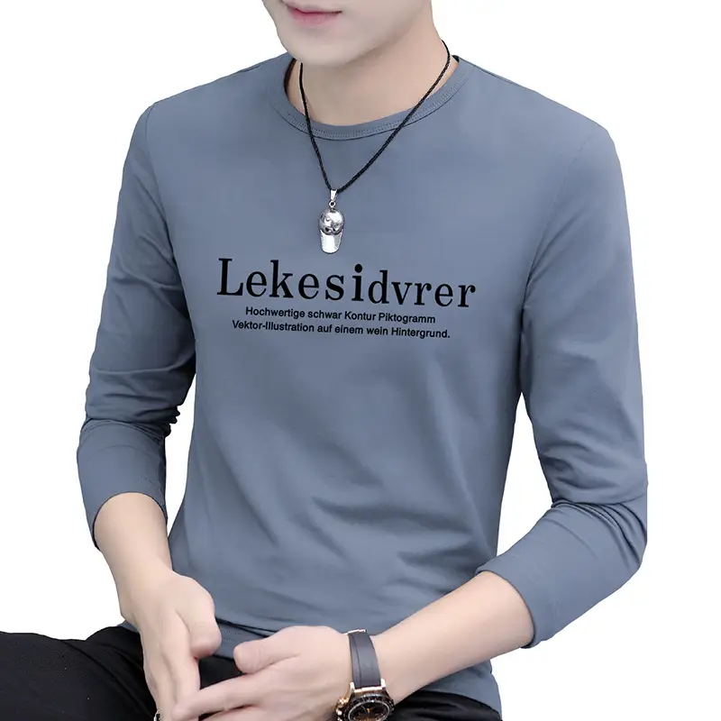 Men's Long Sleeve Korean Printed T-Shirt Grey - Image 11