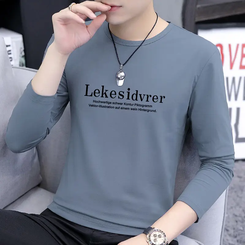Men's Long Sleeve Korean Printed T-Shirt Grey - Image 10