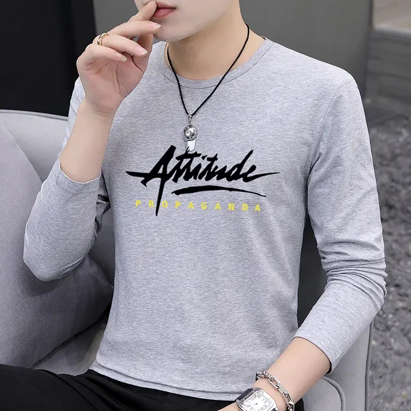 Men's Long Sleeve Korean Printed T-Shirt Grey - Image 3
