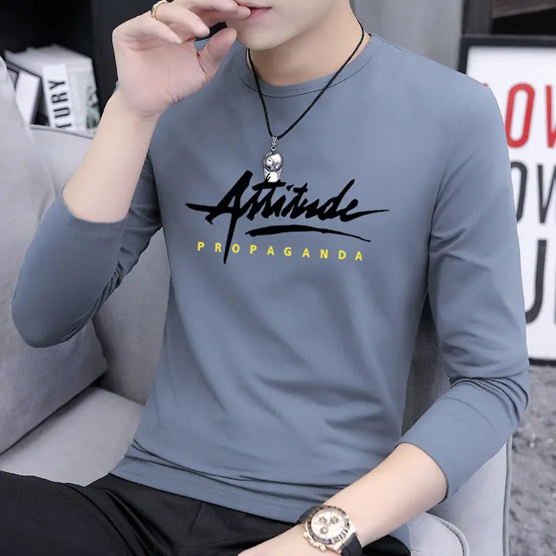 Men's Long Sleeve Korean Printed T-Shirt Grey - Image 5