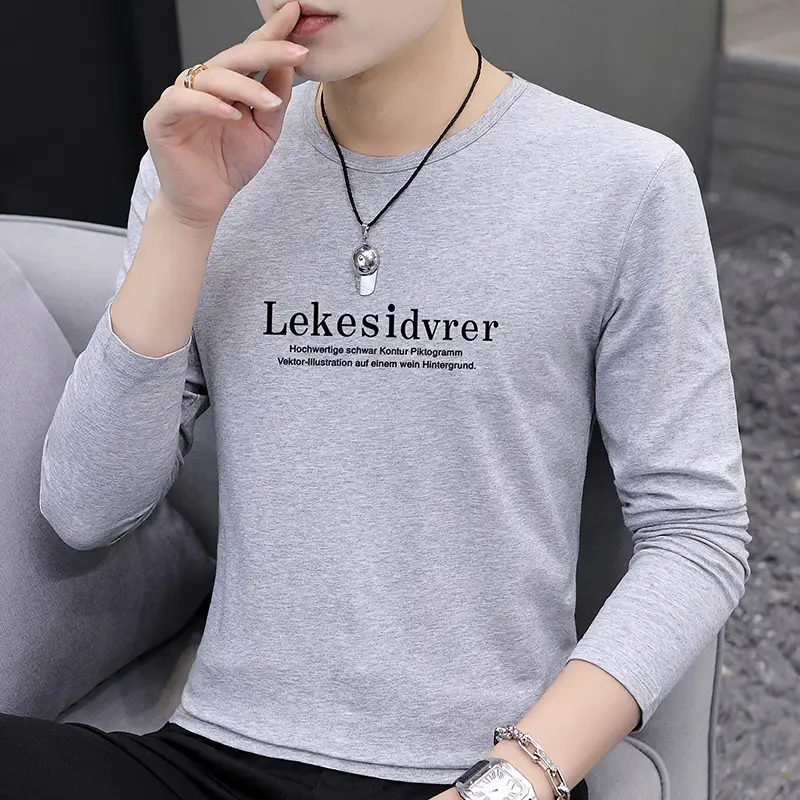 Men's Long Sleeve Korean Printed T-Shirt Grey - Image 6