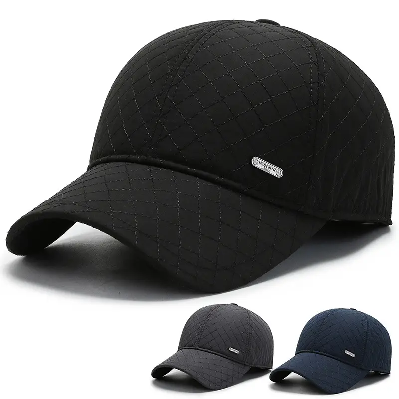 Men's Black Quilted Baseball Cap Windproof Cold-proof