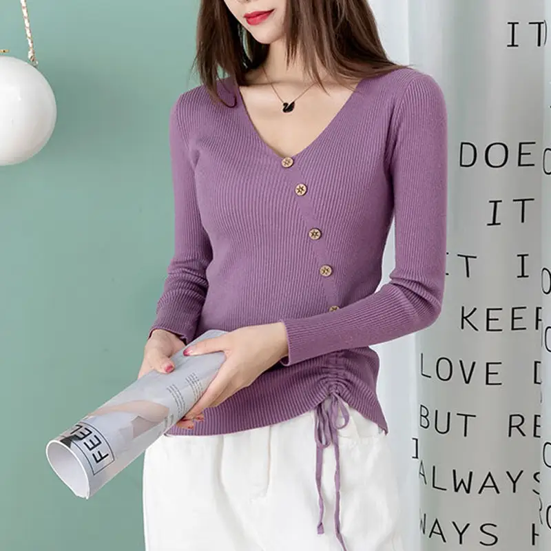 Black V-Neck Drawstring Sweater for Women