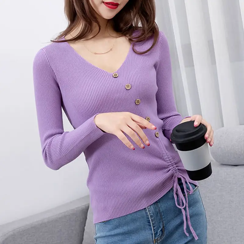 Black V-Neck Drawstring Sweater for Women