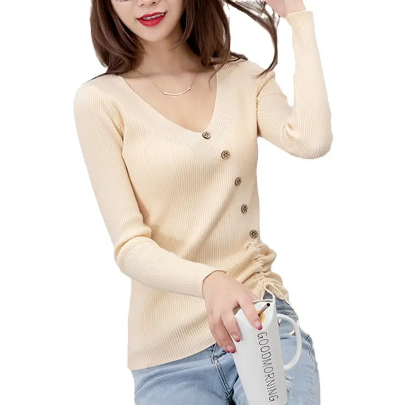 Black V-Neck Drawstring Sweater for Women