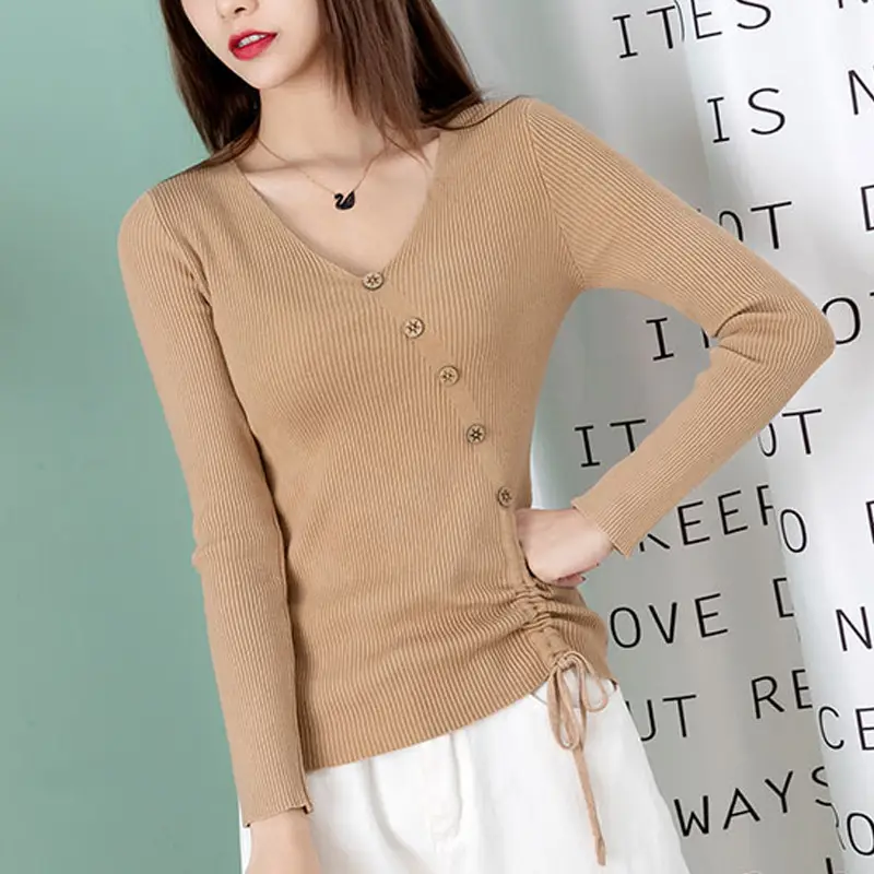 Black V-Neck Drawstring Sweater for Women