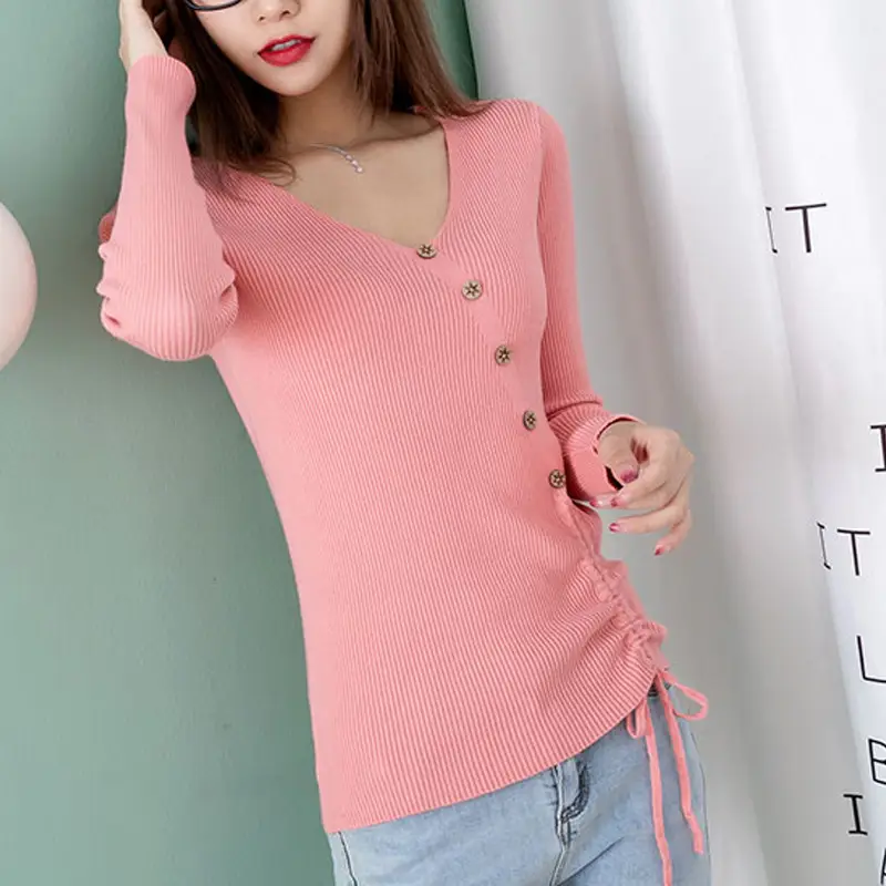 Black V-Neck Drawstring Sweater for Women
