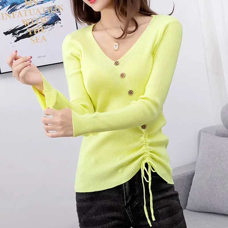 Black V-Neck Drawstring Sweater for Women