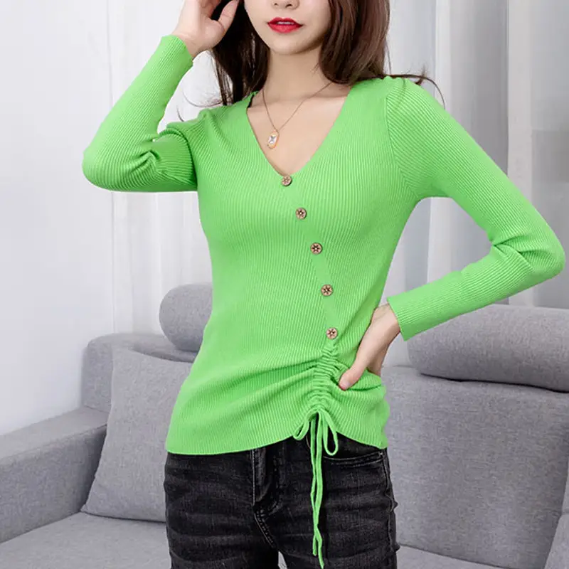 Black V-Neck Drawstring Sweater for Women