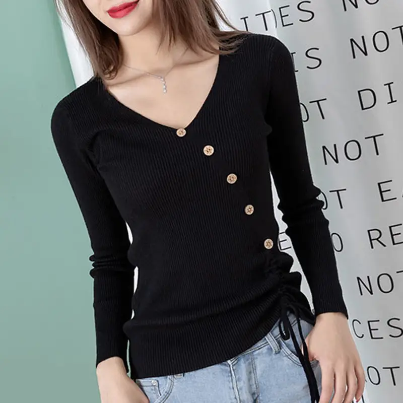 Black V-Neck Drawstring Sweater for Women
