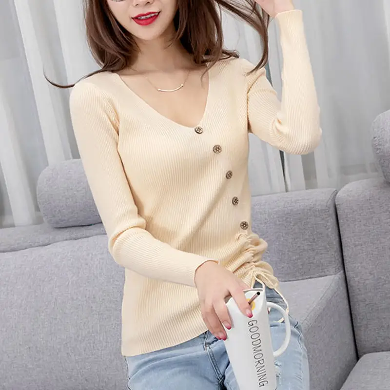 Black V-Neck Drawstring Sweater for Women