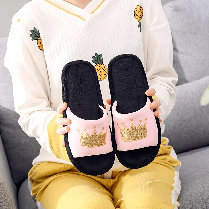 Cross-Border New Cotton Slippers 2024 Home Indoor Non-Slip Crown Open Slippers for Women Wholesale Foreign Trade Amazon