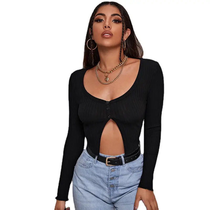 2023 Button Knitted Navel Cardigan Top Maroon - Image 9