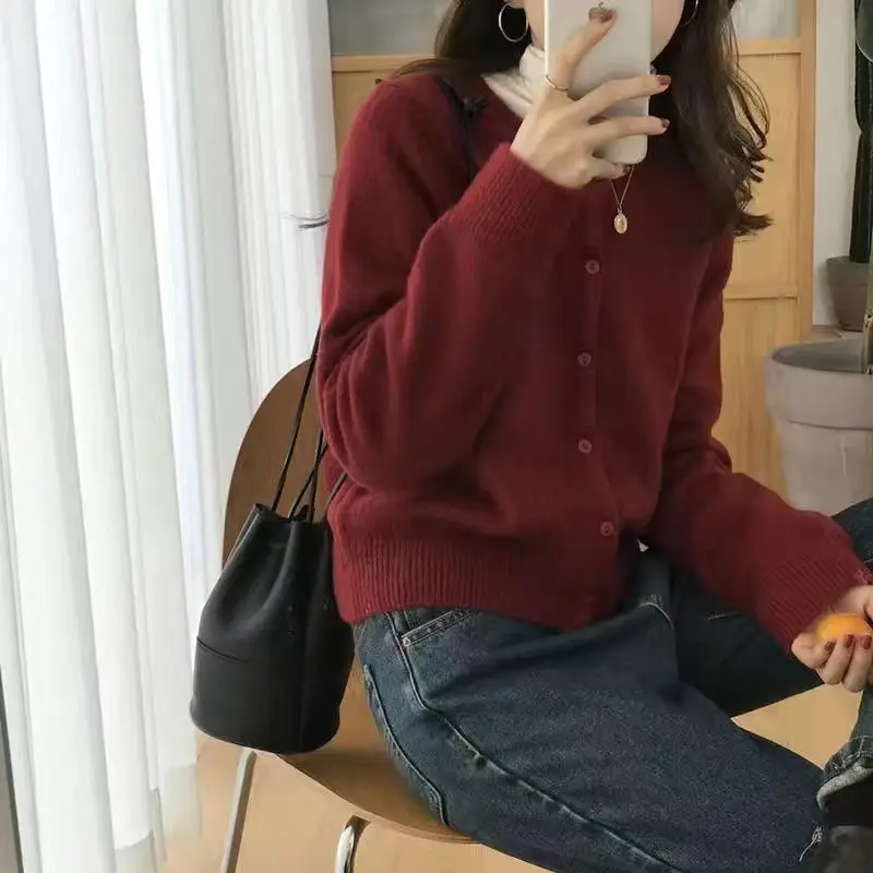 Women Button Knit Cardigan Maroon Spring 2025