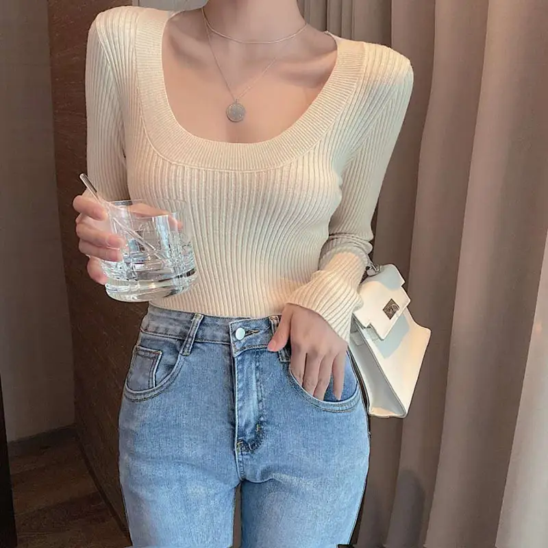 Women Knitted Low Round Neck Sweater Long Sleeve - Image 9