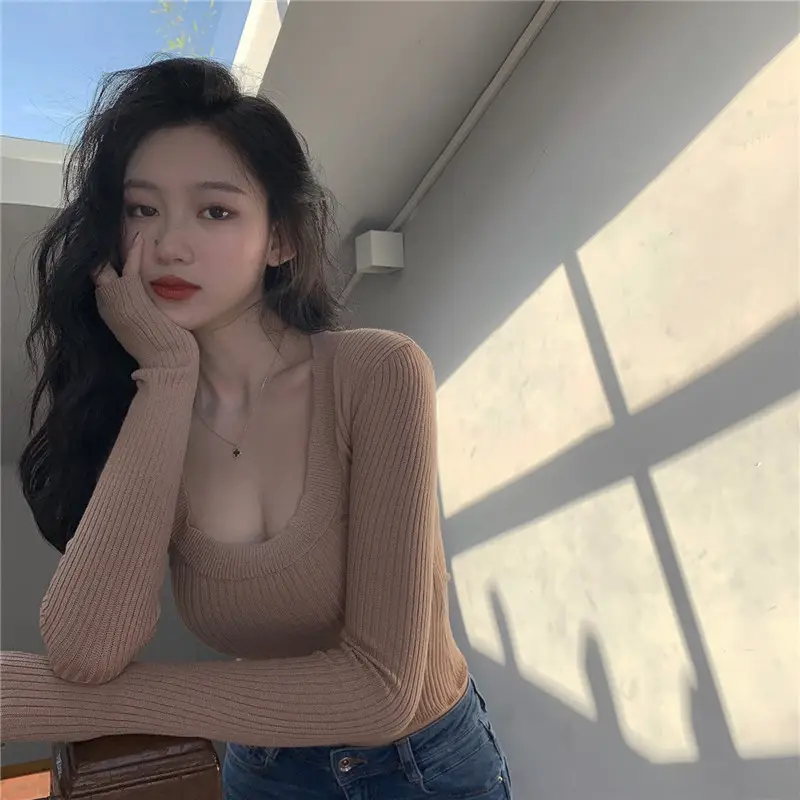 Women Knitted Low Round Neck Sweater Long Sleeve - Image 6