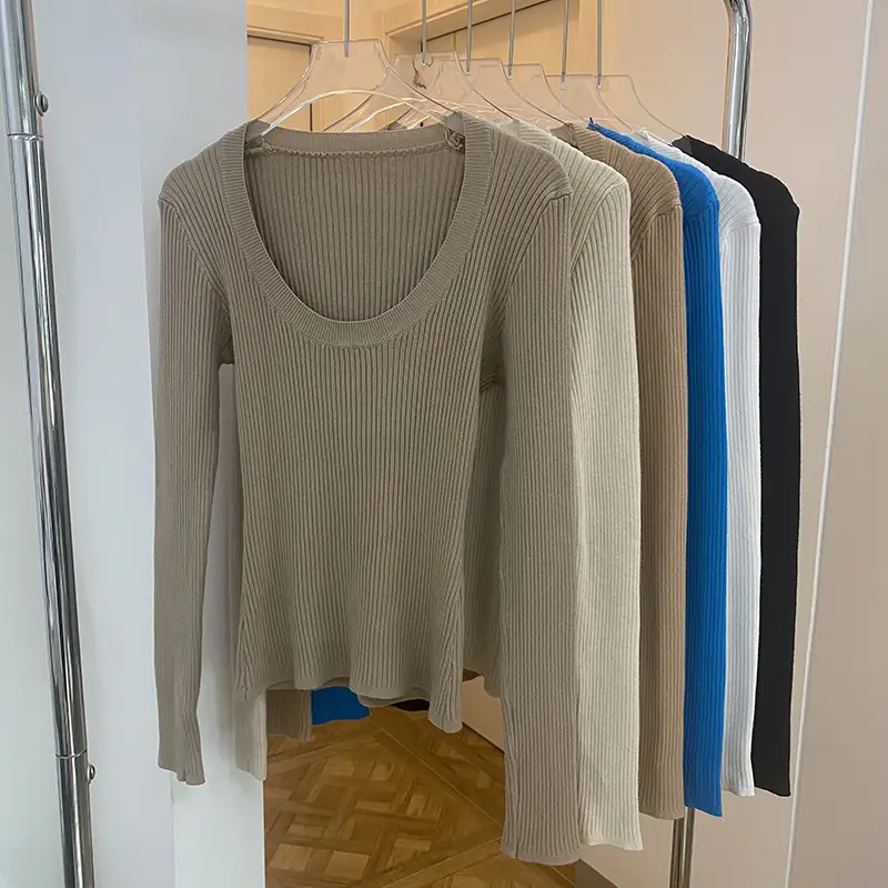 Women Knitted Low Round Neck Sweater Long Sleeve — feature 1