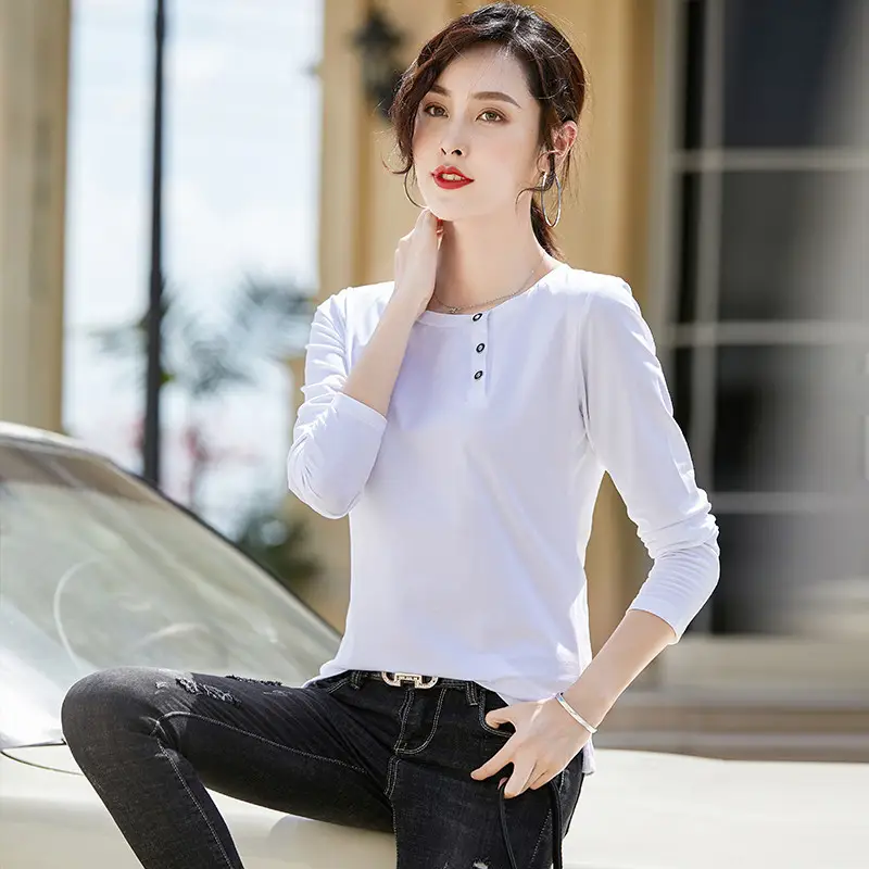 Women White Long Sleeve Button T-Shirt Pure Cotton - Image 4