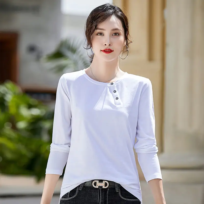 Women White Long Sleeve Button T-Shirt Pure Cotton - Image 5