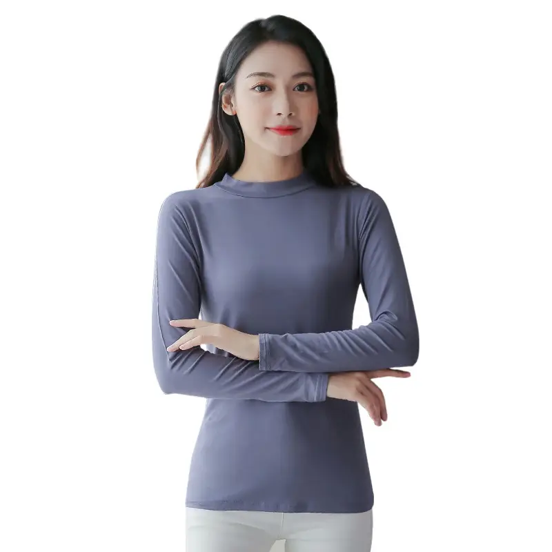 Women Long Sleeve Grey Turtleneck Slim Fit Shirt