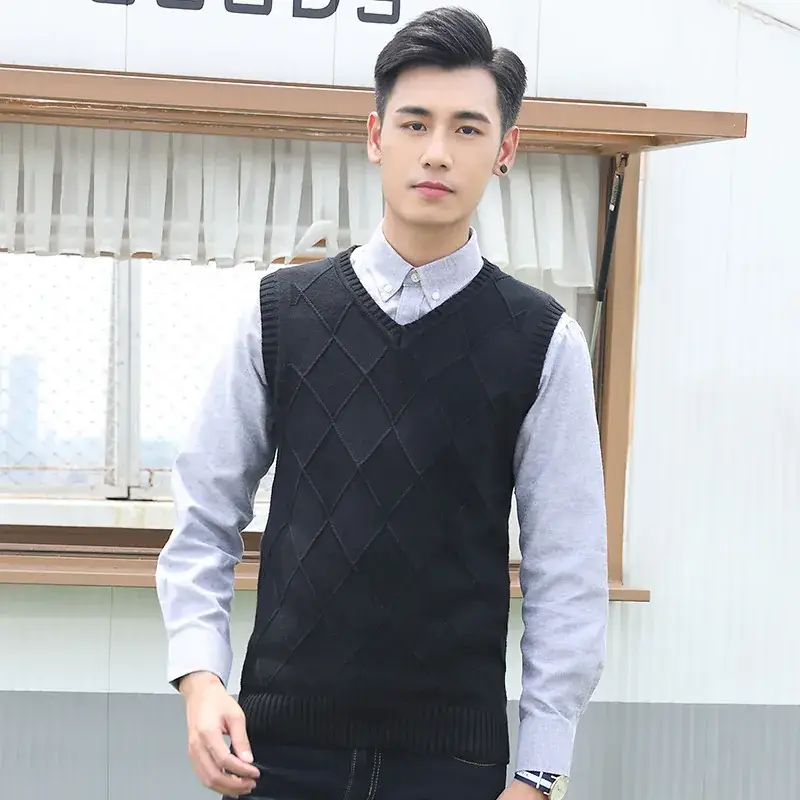 Men's Yellow Diamond Jacquard V-Neck Vest Slim Fit - Image 6